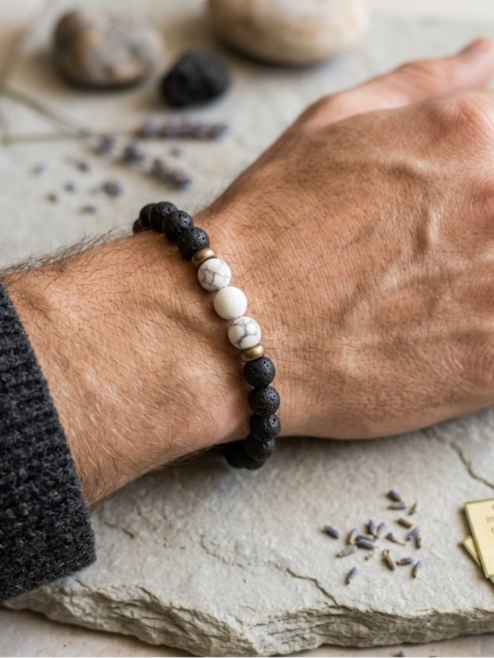 🌟 Natural Howlite & Lava Rock 8mm Beaded Stretch Bracelet – Wellness